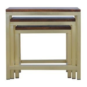 Three golden stools with a chunky wooden top