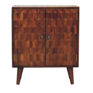 Luxurious chestnut cabinet adorned with pineapple carvings.