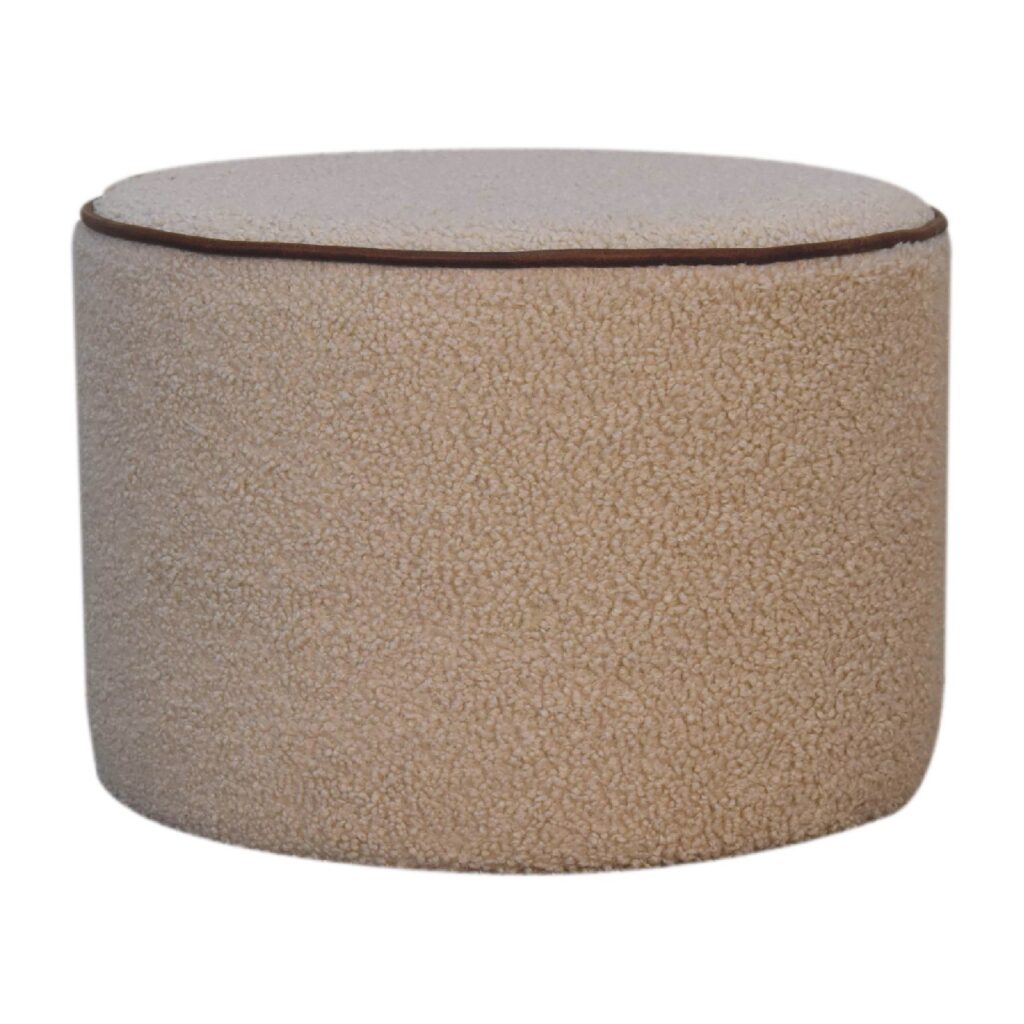 Boucle Round Footstool with Bufallo Leather Piping