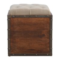 A rustic-style storage box featuring a padded seat