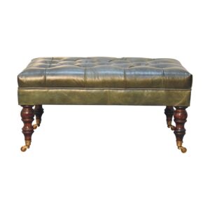 Castor-legged buffalo green leather ottoman