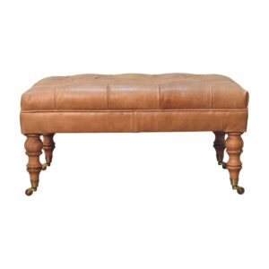 Castor-legged buffalo tan leather ottoman