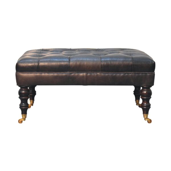 Castor-legged Black Leather Ottoman in Buffalo Ash